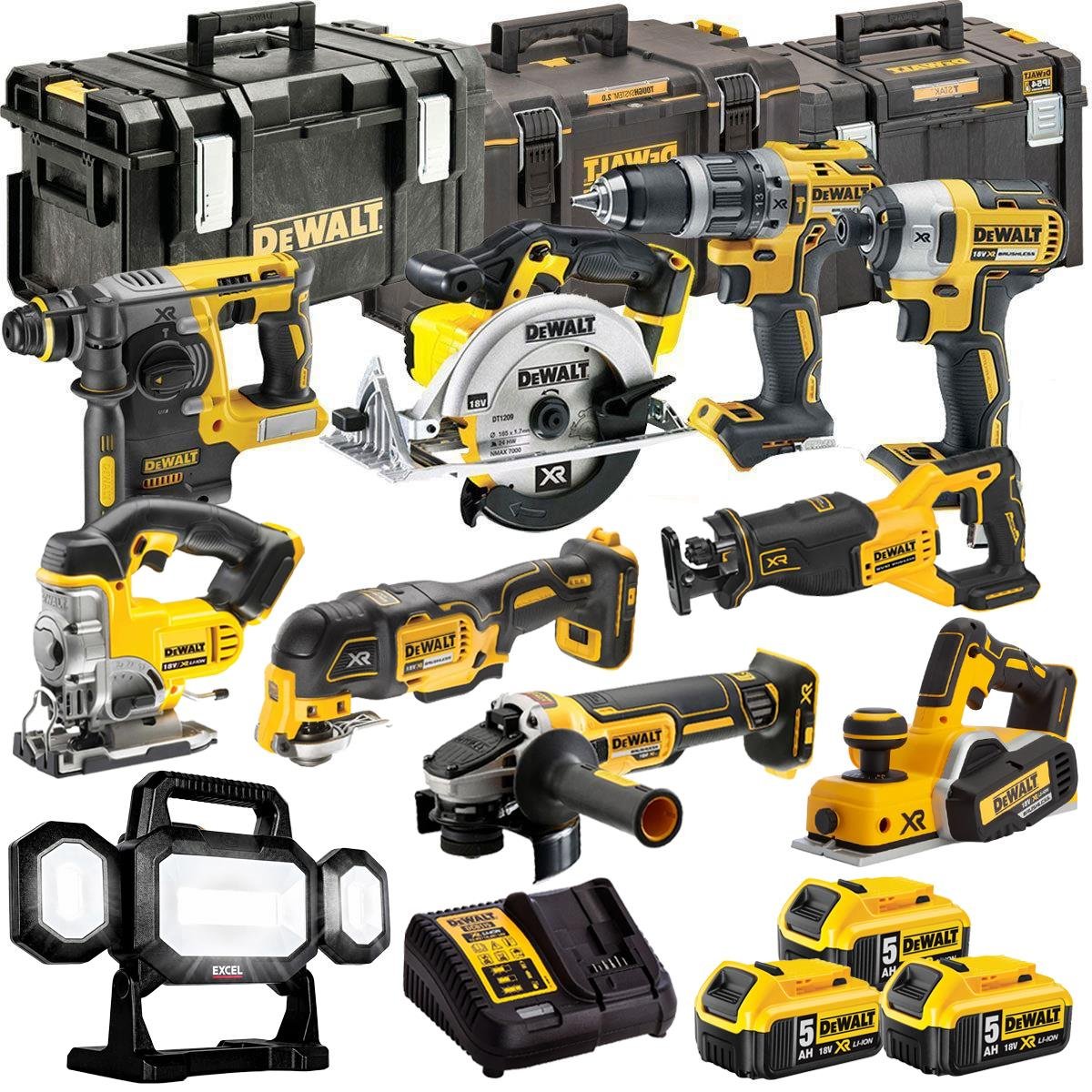 18V Cordless 10-Piece Power Tool Kit with 3 x 5.0Ah Batteries & Charger incl. 125mm Angle Grinder & LED Work Light