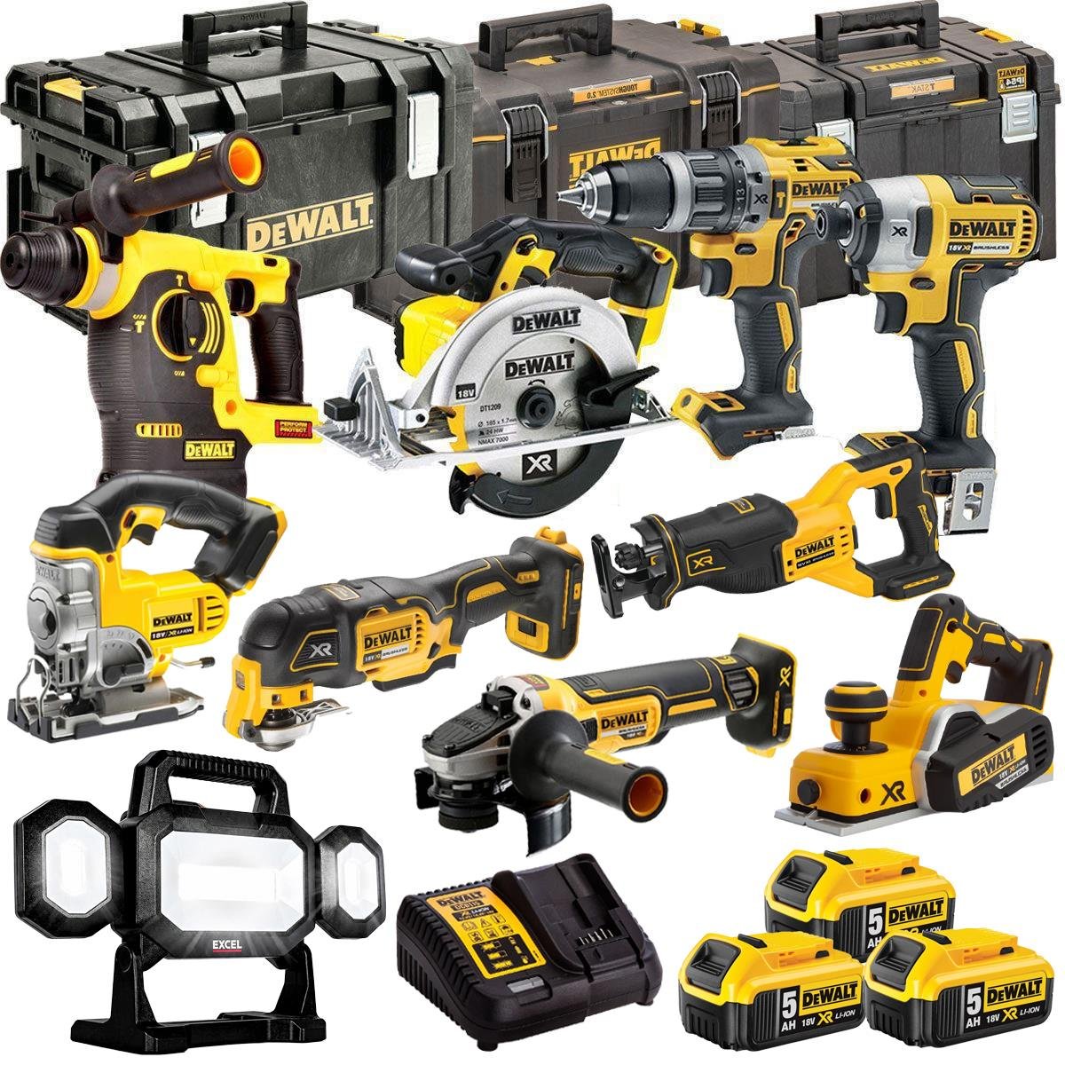18V Cordless 10-Piece Power Tool Kit with 3 x 5.0Ah Batteries & Charger incl. Angle Grinder