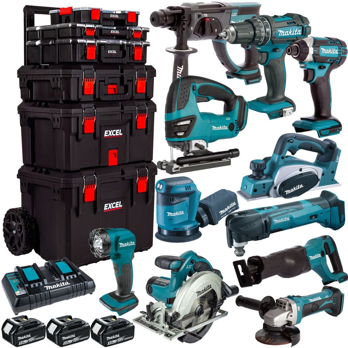 18V Cordless 11-Piece Power Tool Kit with 3 x 5.0Ah Batteries & Charger, Trolley Toolbox