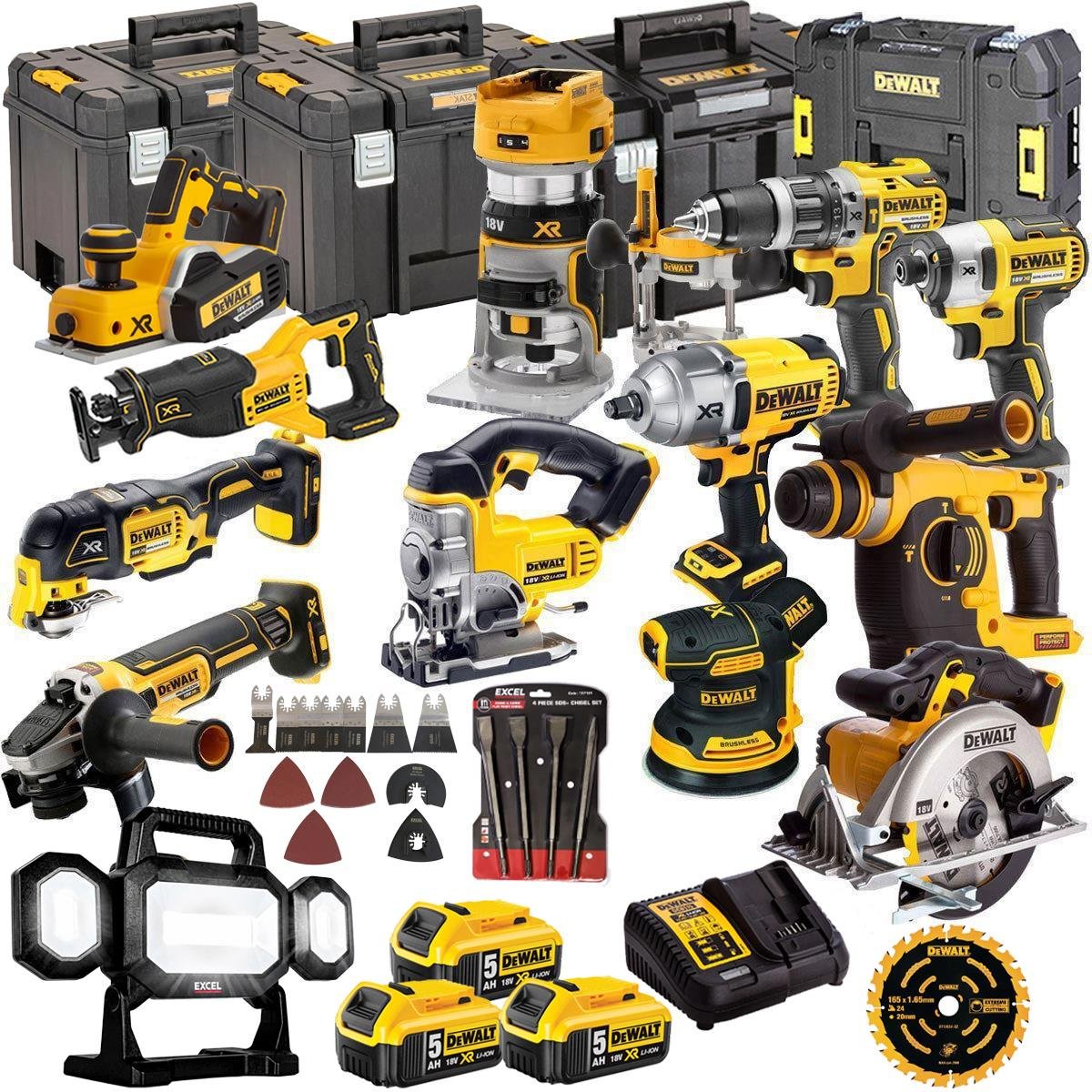 18V Cordless 13-Piece Power Tool Kit with 3 x 5.0Ah Batteries & Charger, Accessory Set incl. LED Work Light