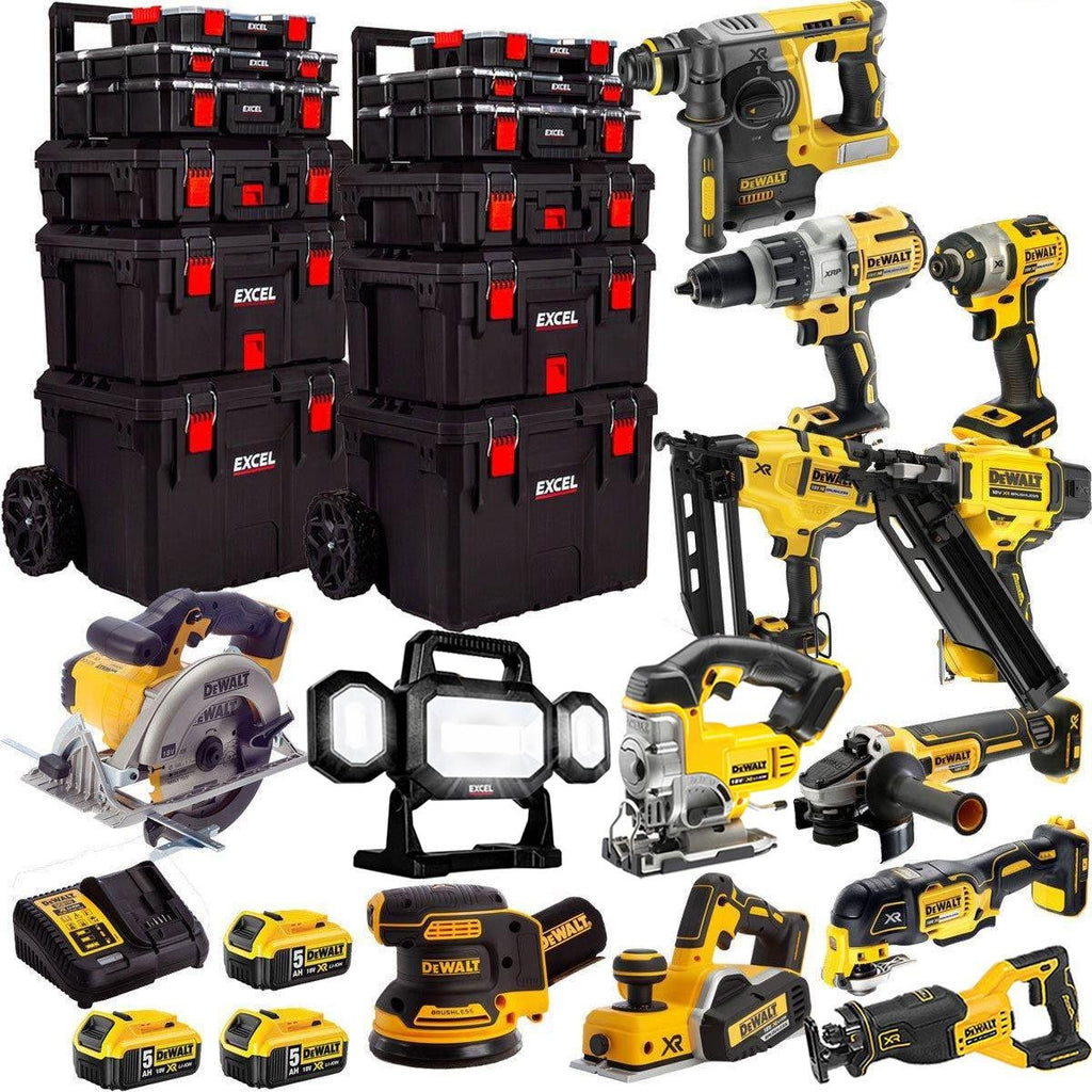 18V Cordless 13-Piece Power Tool Kit with 3 x 5.0Ah Batteries & Charger, Trolley Toolbox
