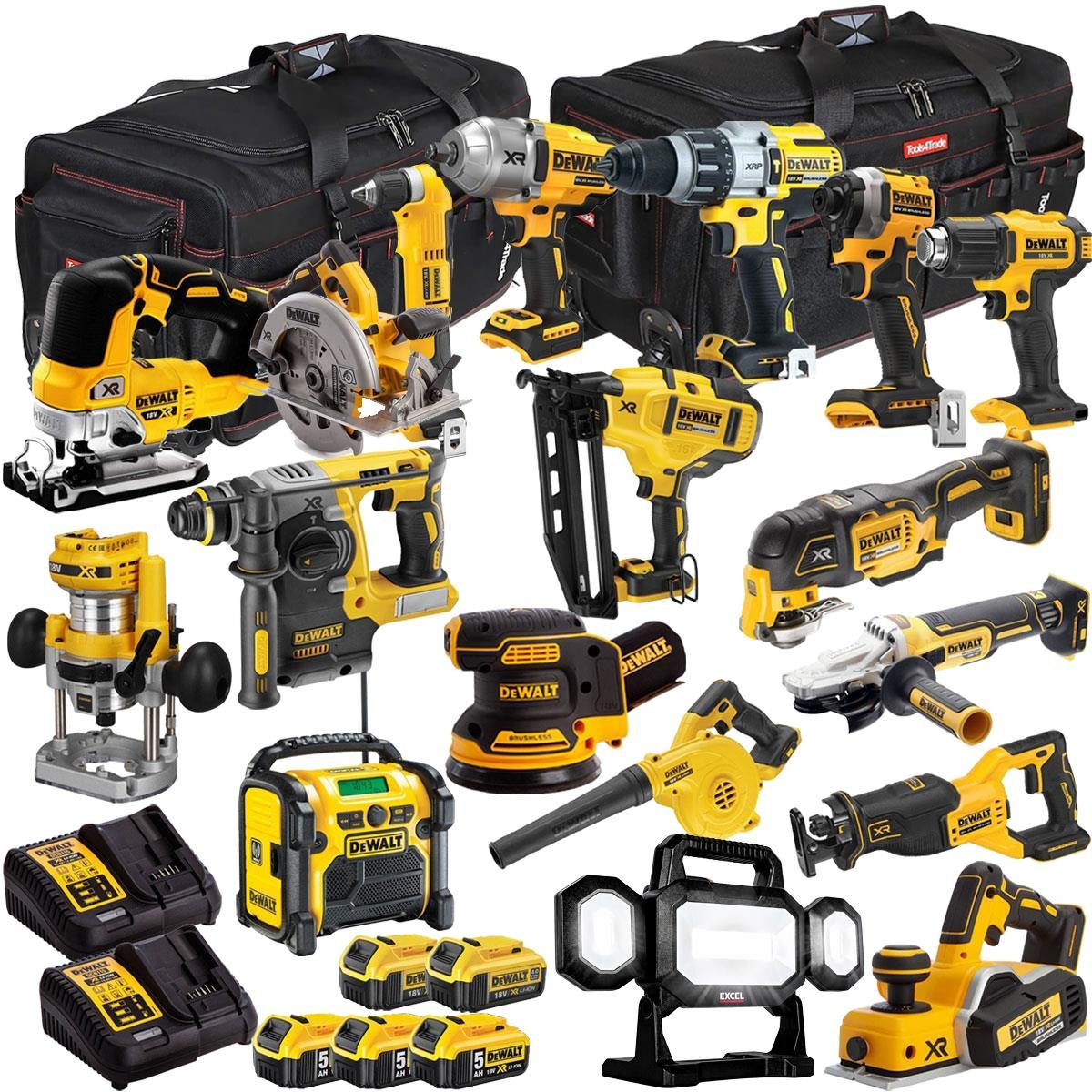 18V Cordless 18-Piece Power Tool Kit with 5 x Batteries & Charger incl. Random Orbital Sander & Second Fix Nailer