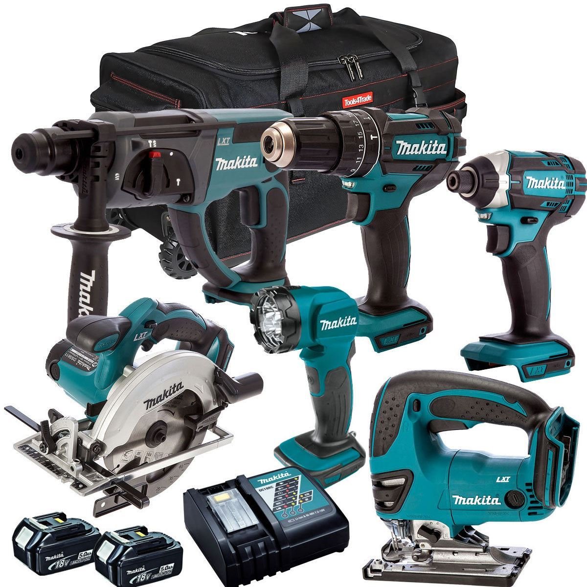 18V Cordless 6-Piece Power Tool Kit with 2 x 5.0Ah Batteries & Charger