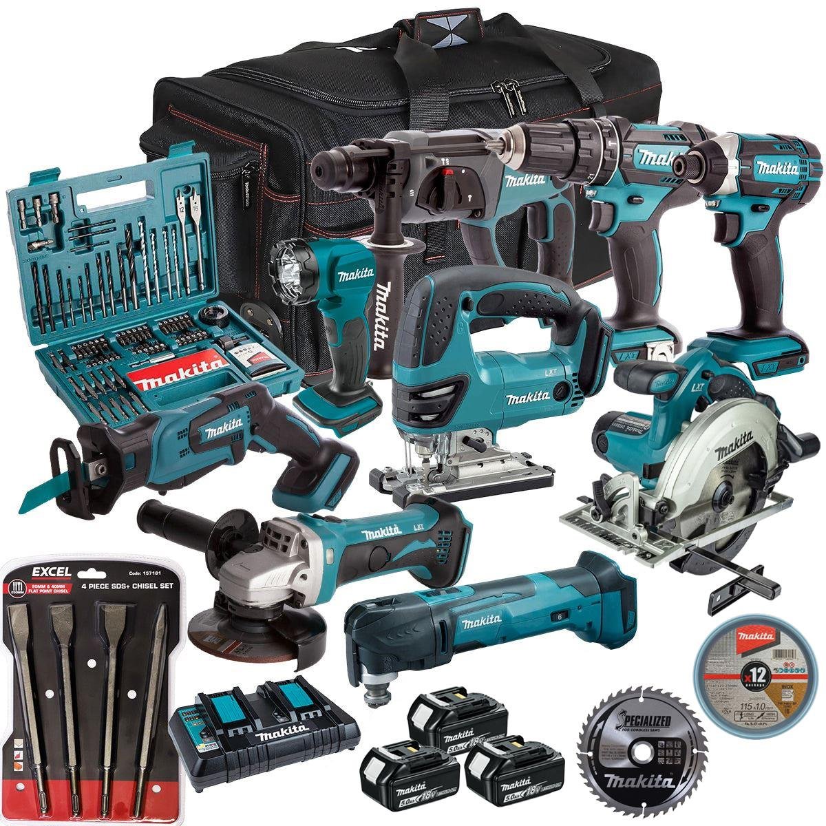 18V Cordless 9-Piece Power Tool Kit with 3 x 5.0Ah Batteries & Charger, Accessory Set