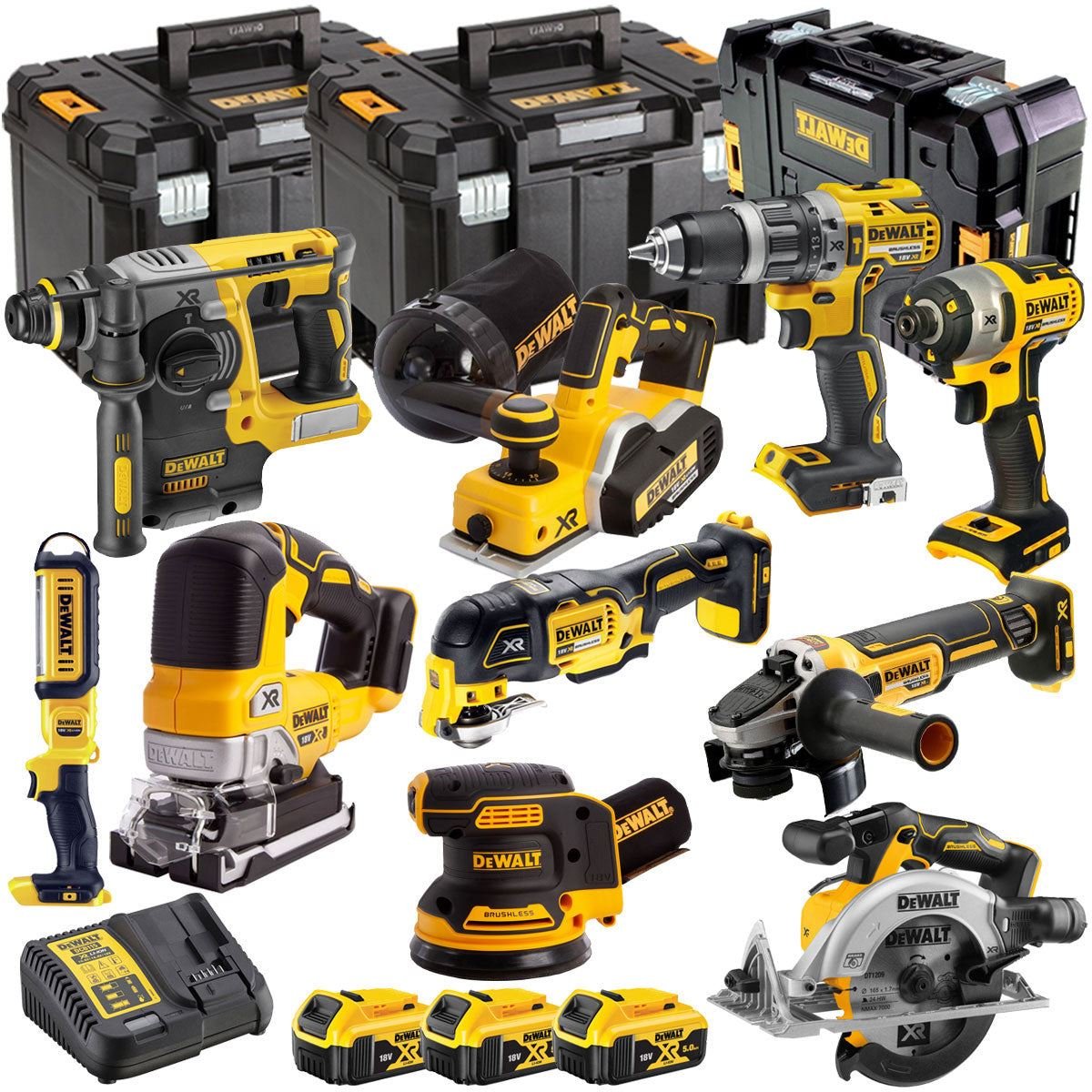 18V Cordless Brushless 10-Piece Power Tool Kit with 3 x 5.0Ah Batteries & Charger
