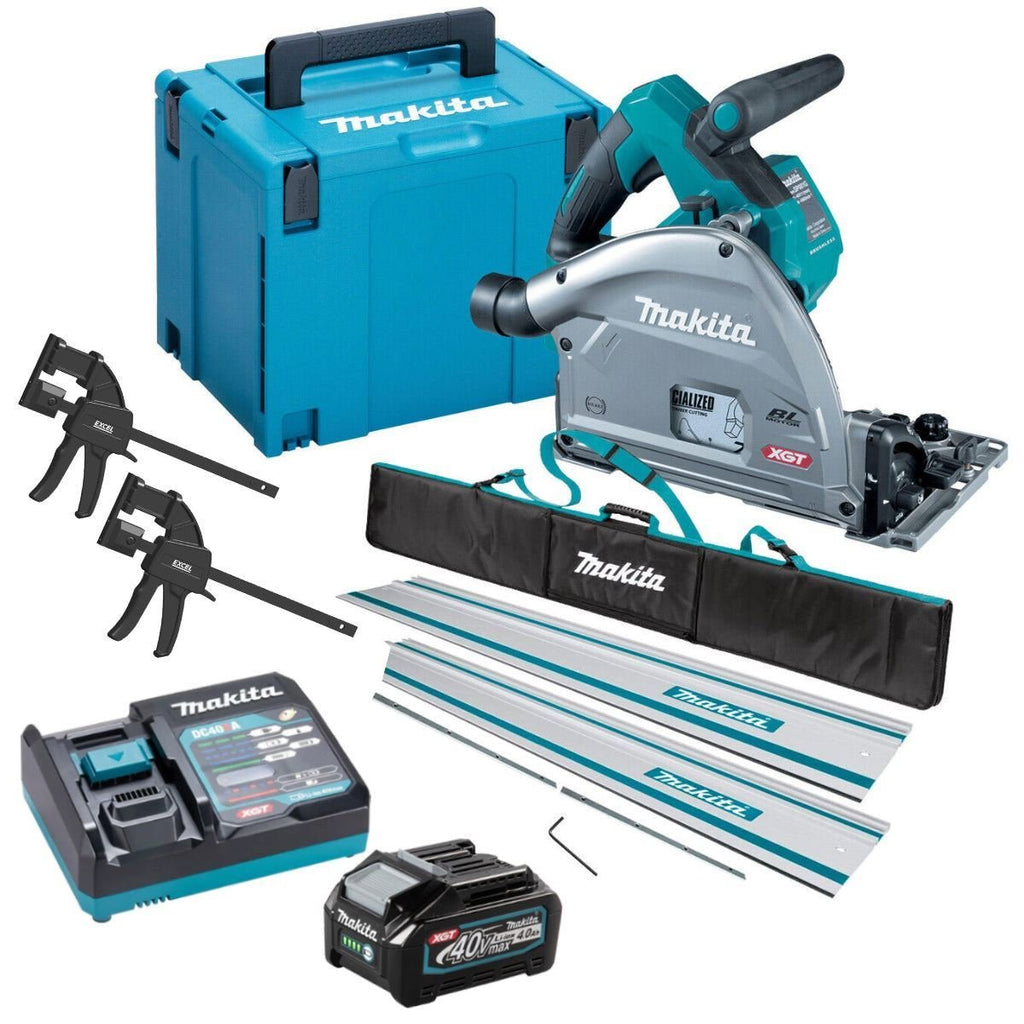 40V Brushless Plunge Saw with 2 x Guide Rail, Connector, Clamp Set & 1 x 4.0Ah Battery Charger (Set A)