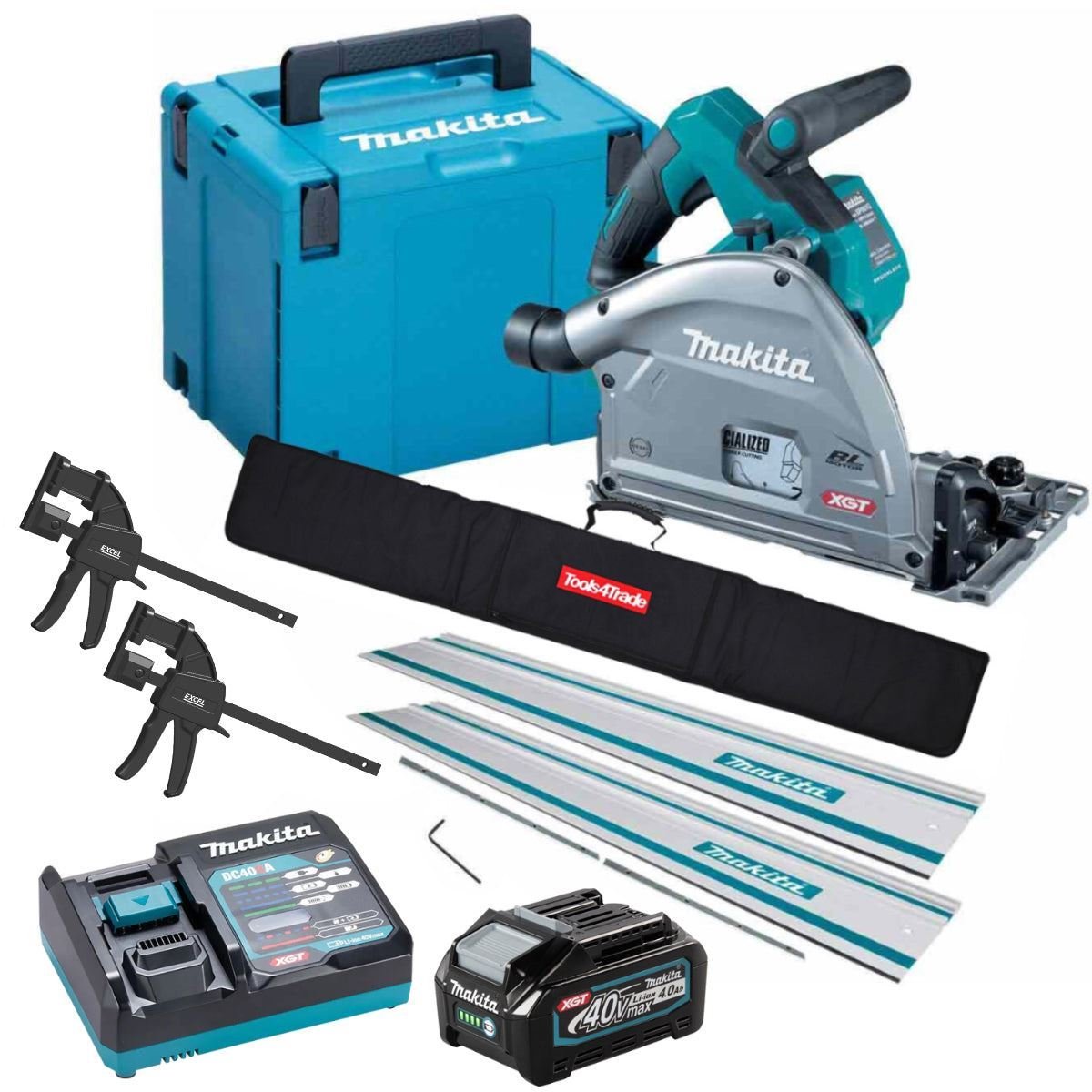 40V Brushless Plunge Saw with 2 x Guide Rail, Connector, Clamp Set & 1 x 4.0Ah Battery Charger (Set B)