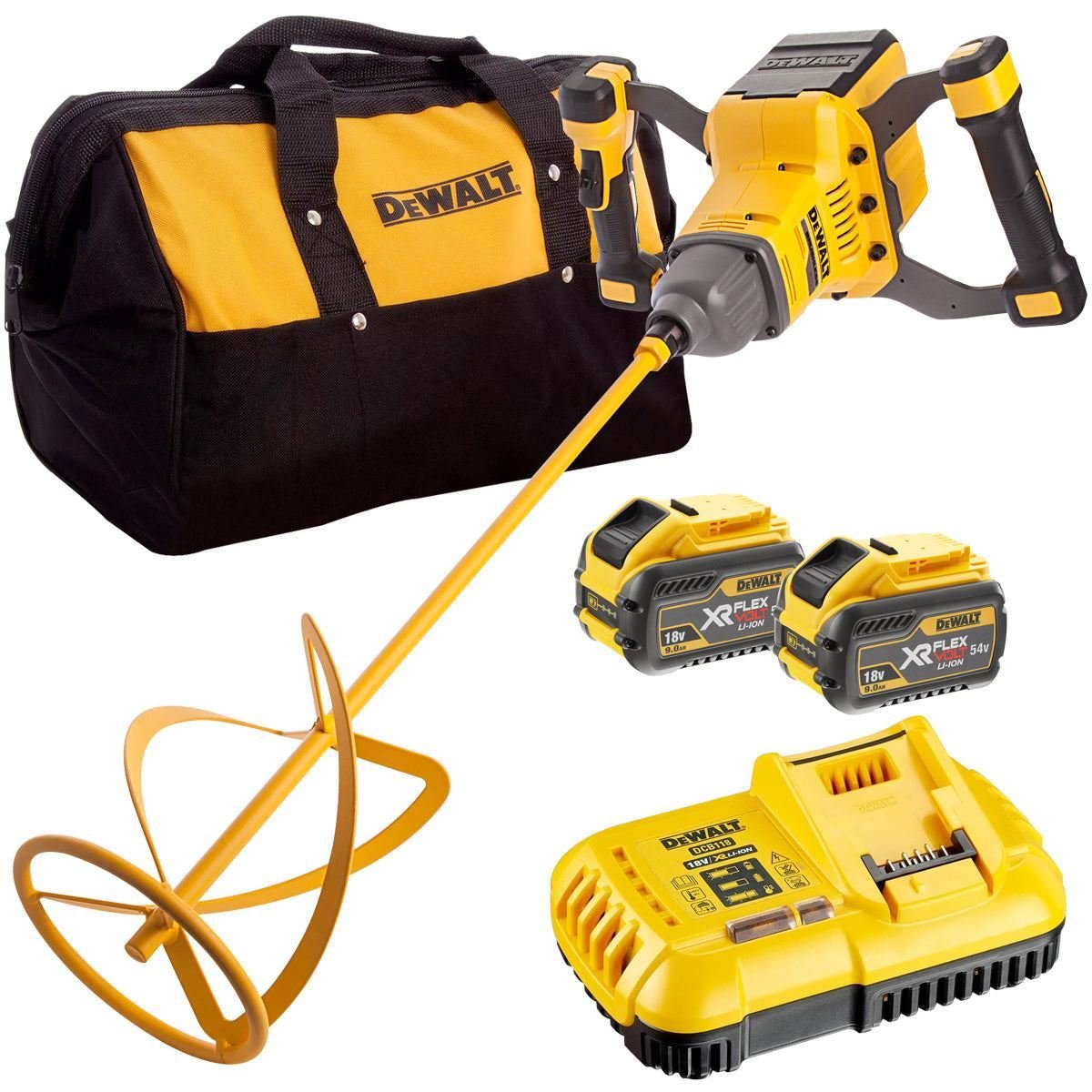 54V Brushless Paddle Mixer with 2 x 9.0Ah Batteries Charger & Heavy-Duty Kit Bag