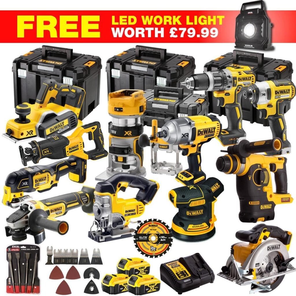18V Cordless 13-Piece Power Tool Kit with 3 x 5.0Ah Batteries & Charger, Accessory Set incl. 240V LED Work Light