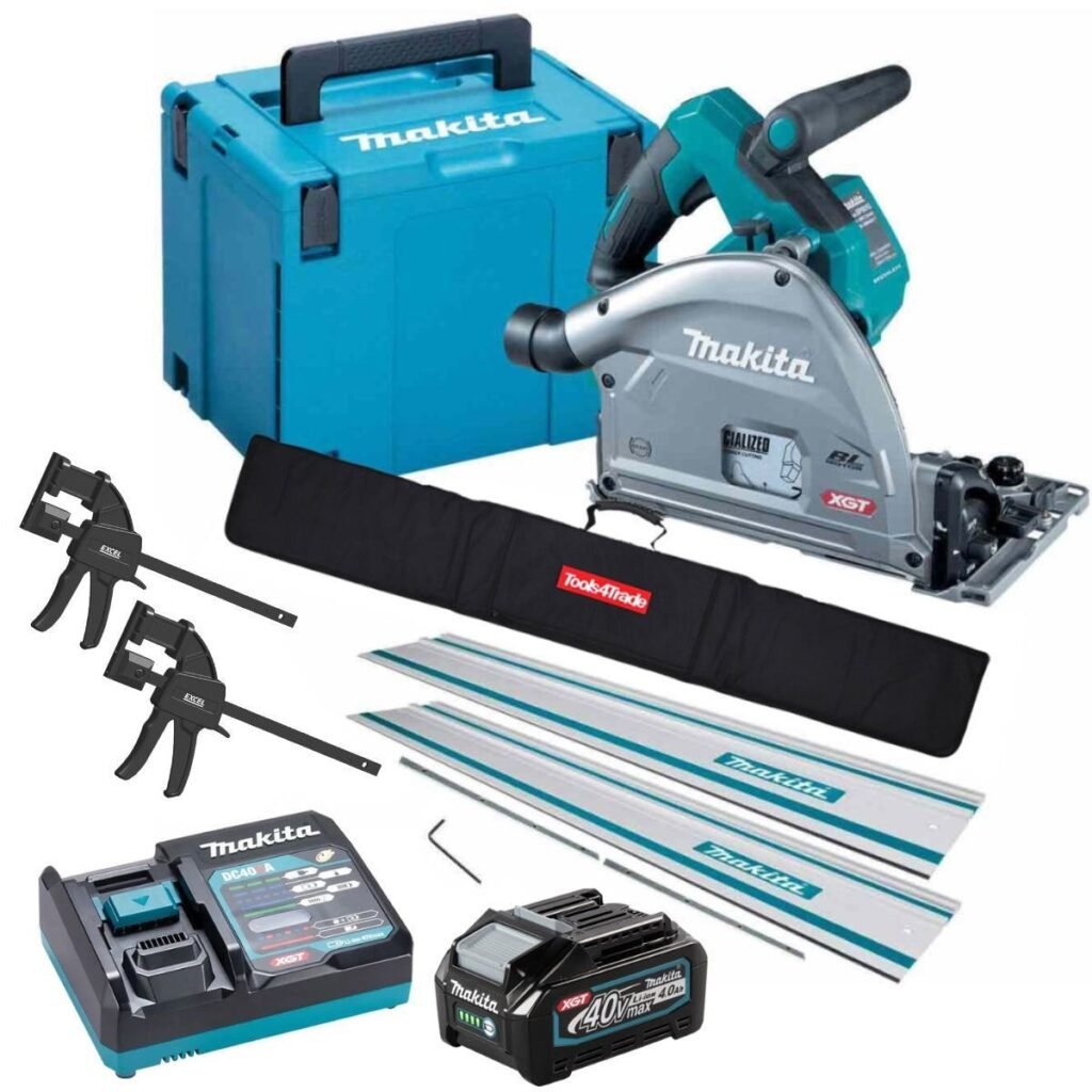 40V Brushless Plunge Saw with 2 x Guide Rail, Connector, Clamp Set & 1 x 4.0Ah Battery Charger (Set B)