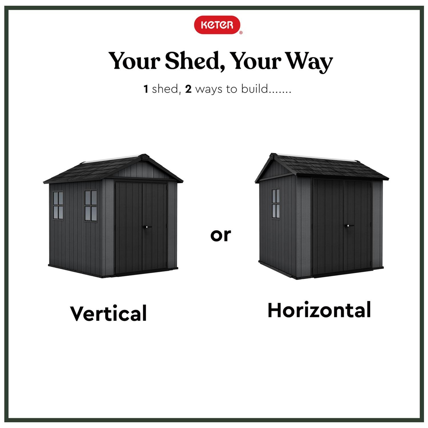 Keter Newton Plus shed in a family garden