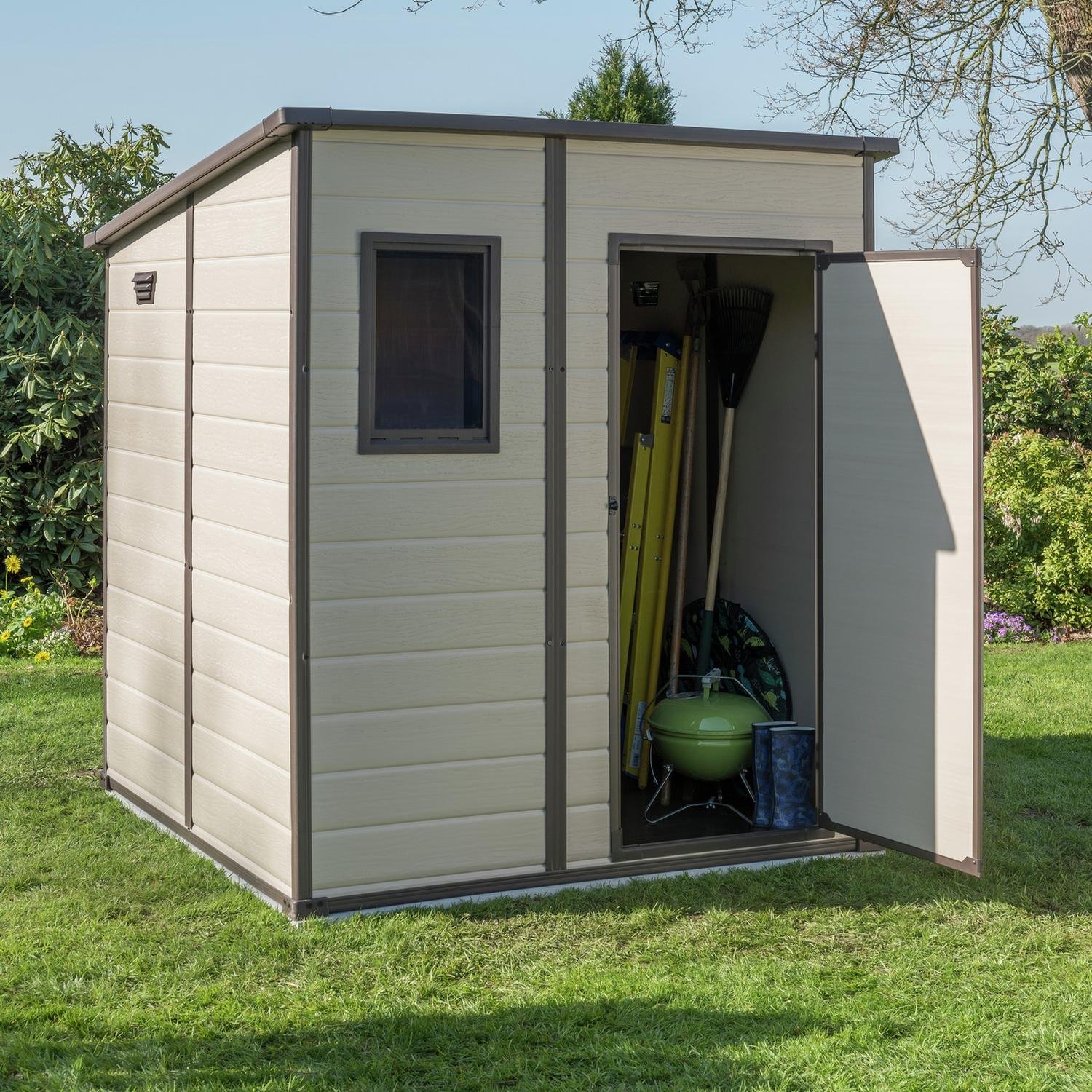 Keter Manor pent shed with doors open