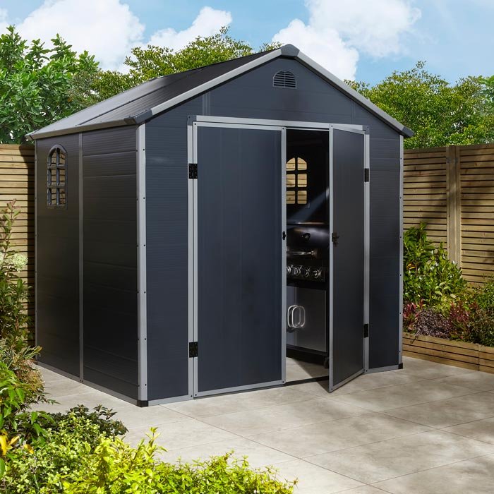 Airevale dark grey shed with double doors open
