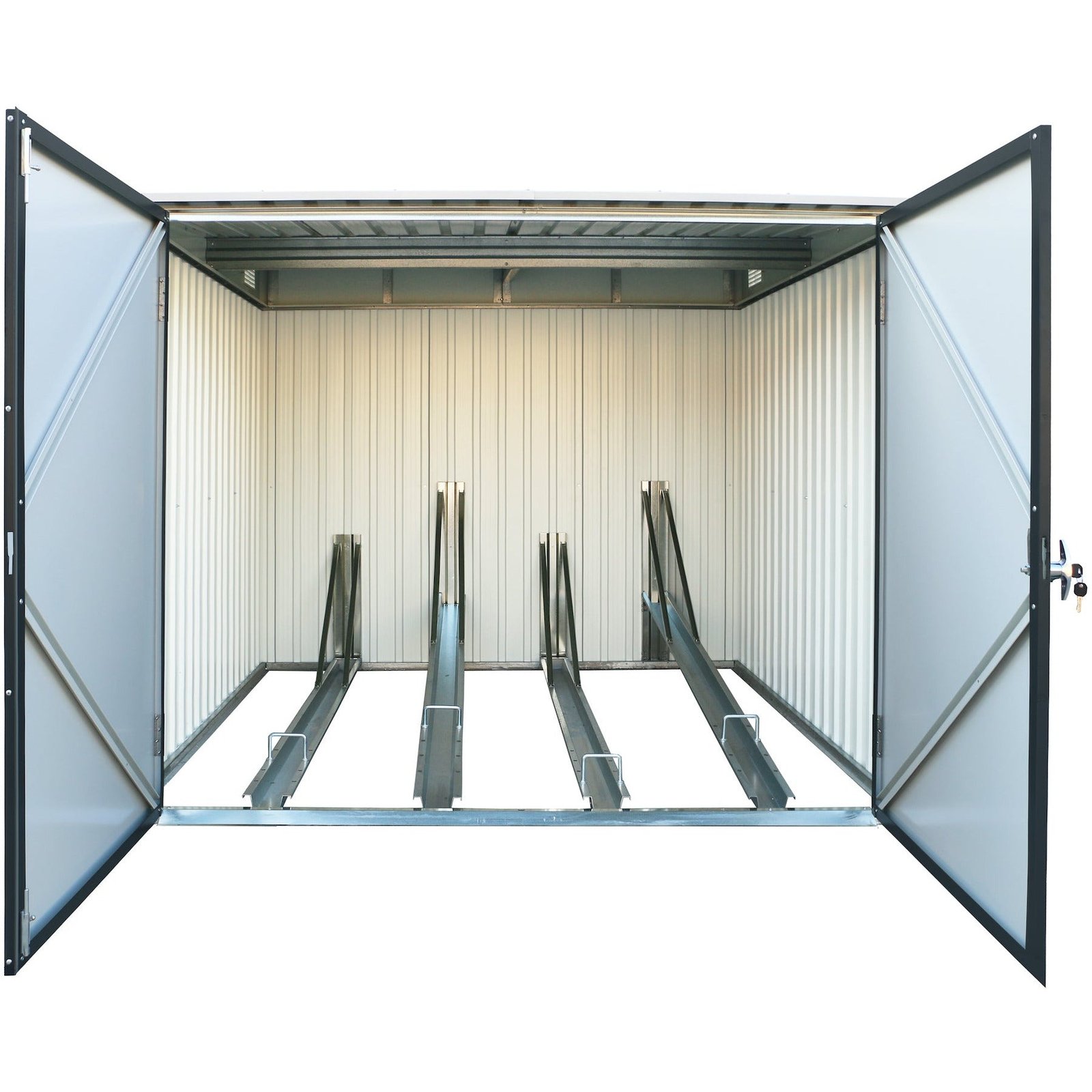 Duramax anthracite bicycle storage shed with doors open