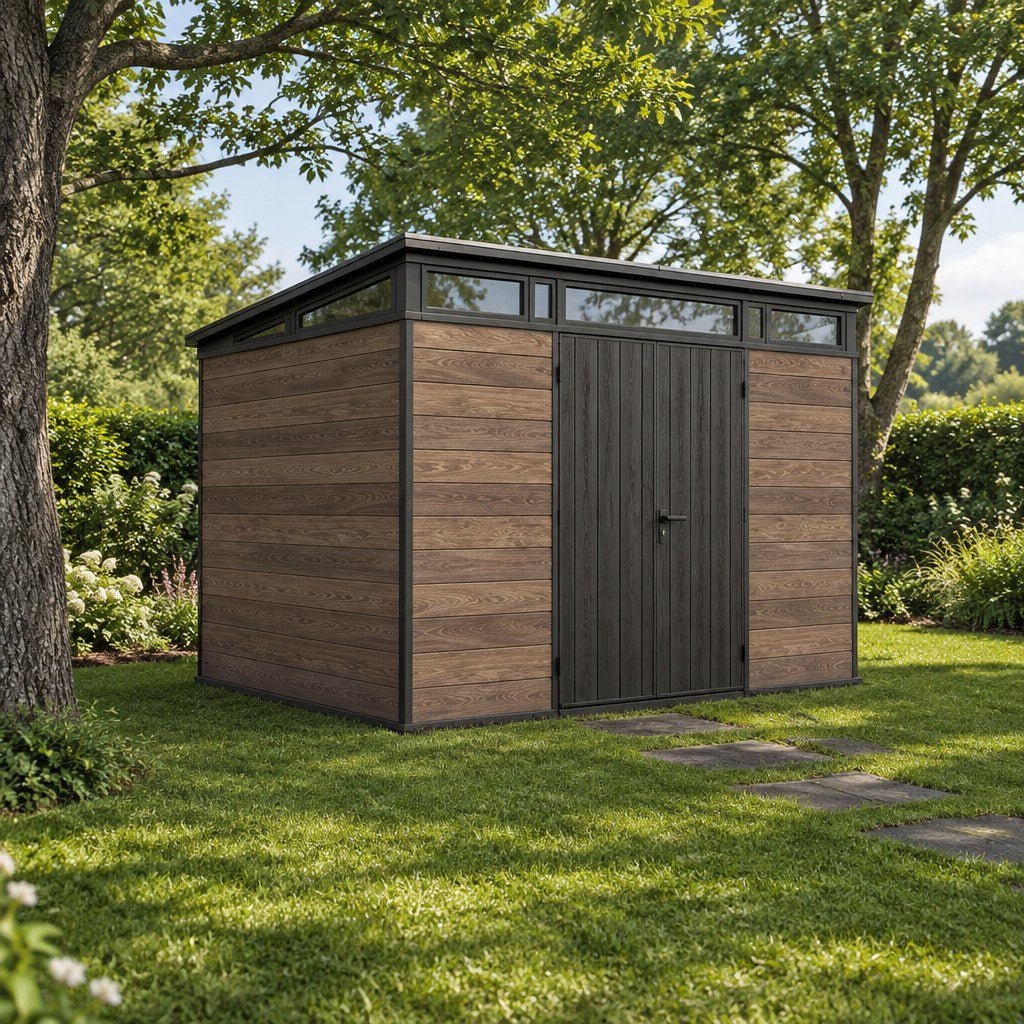 Keter Signature walnut brown shed in a garden